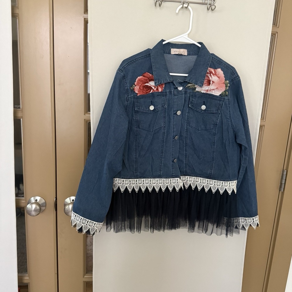 Philosophy Womens XL Blue Denim Floral Appliqué Tulle Denim Jacket